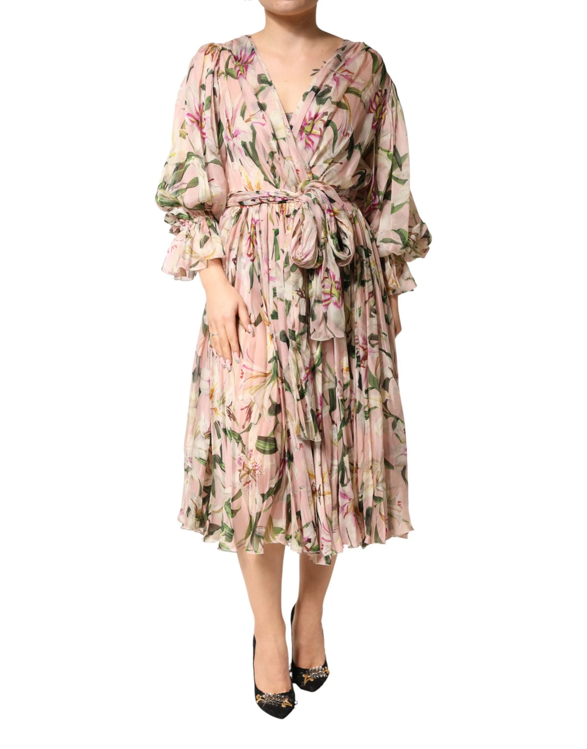 Dolce & Gabbana Pink Lily Print A-line Pleated Maxi Dress - IT38 | XS