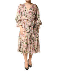 Dolce & Gabbana Pink Lily Print A-line Pleated Maxi Dress - IT38 | XS
