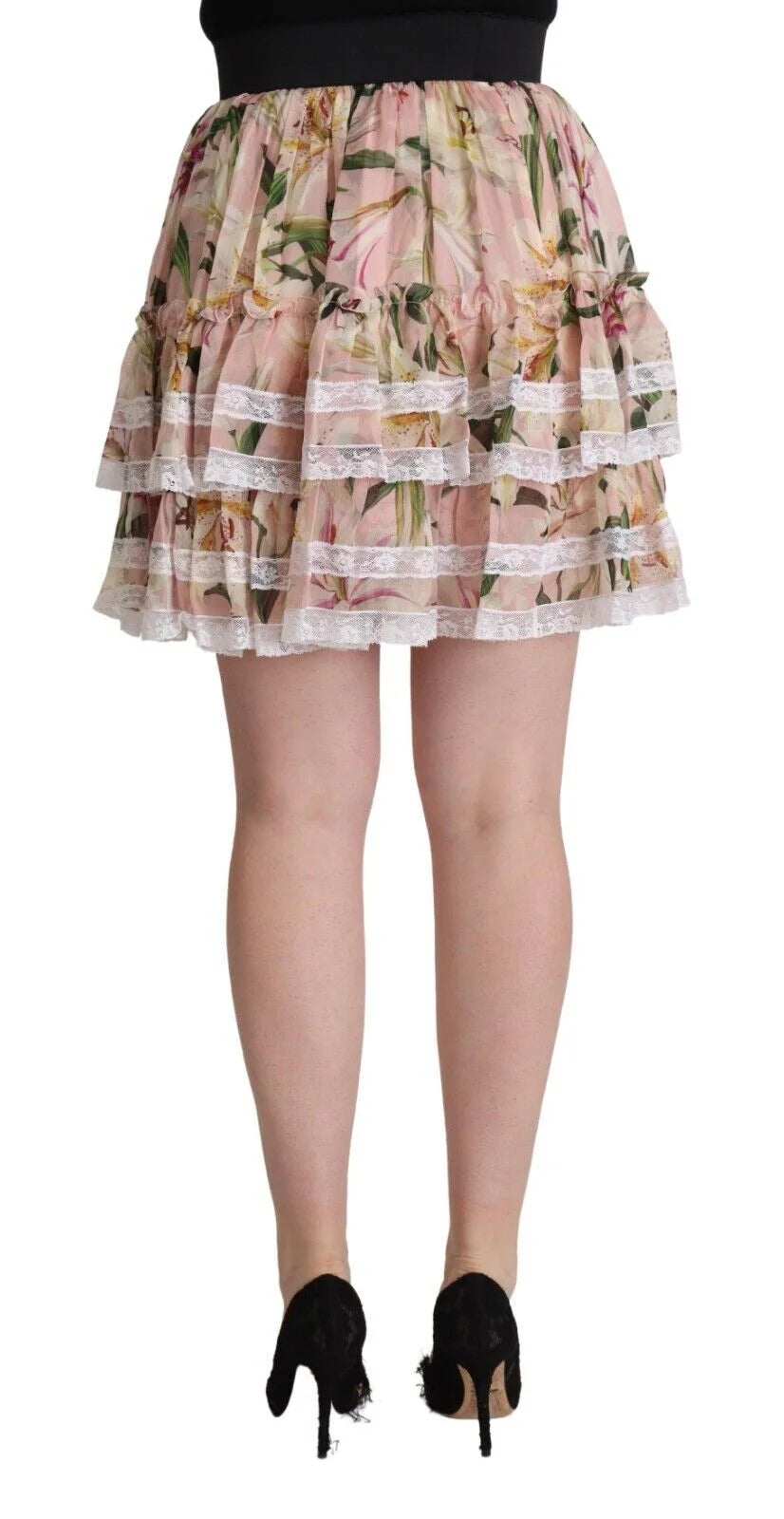 Dolce & Gabbana Pink Lily Print Silk Mini Tiered A-line Skirt - IT42|M - Skirts