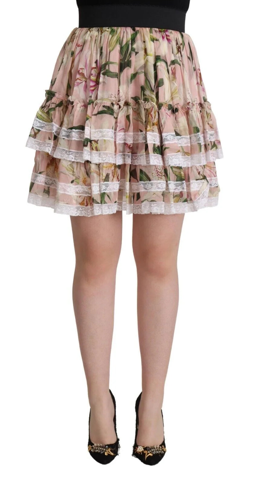 Dolce & Gabbana Pink Lily Print Silk Mini Tiered A-line Skirt - IT42|M - Skirts