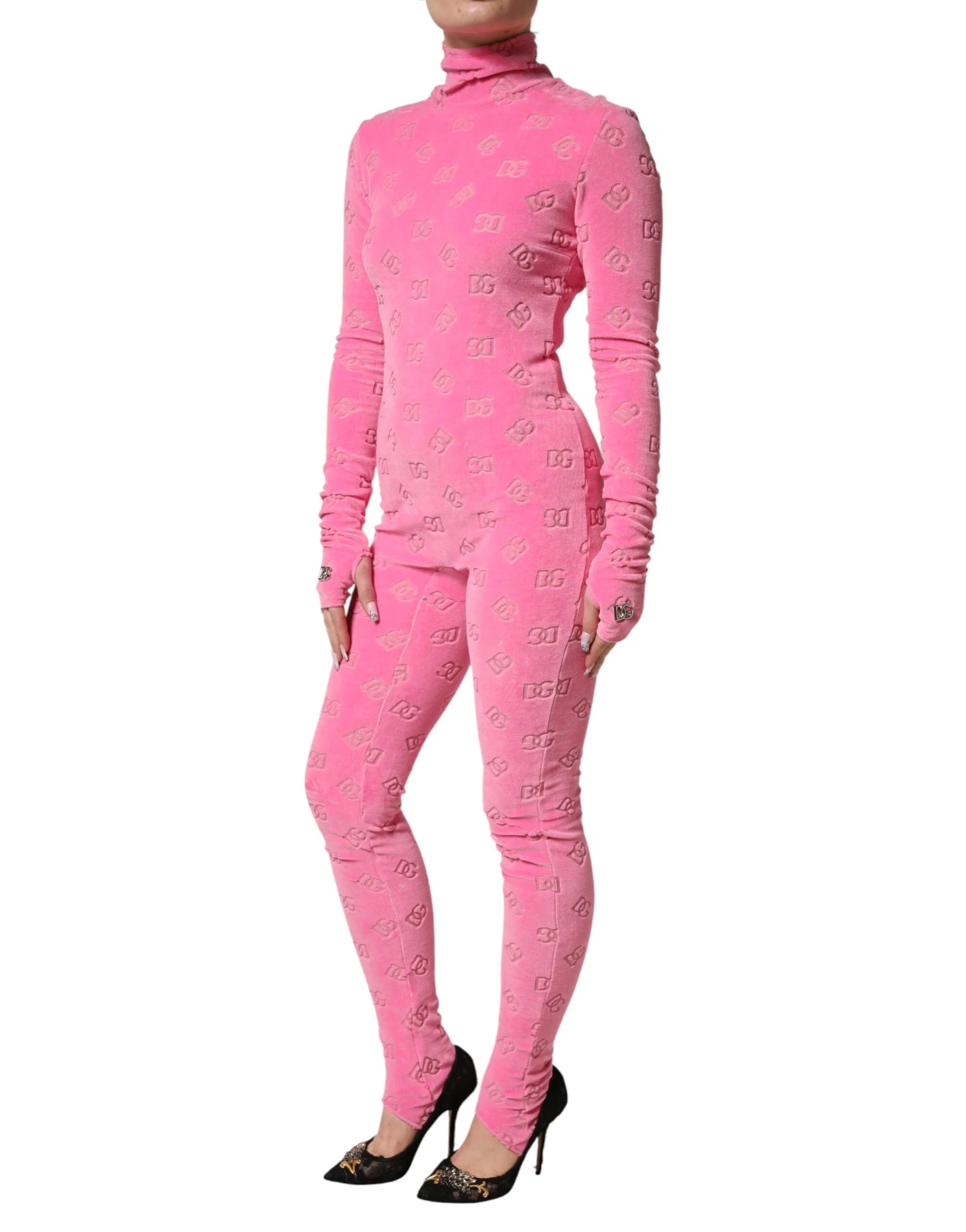 Dolce & Gabbana Pink Logo Monogram Long Sleeve Jumpsuit Dress - IT40|S