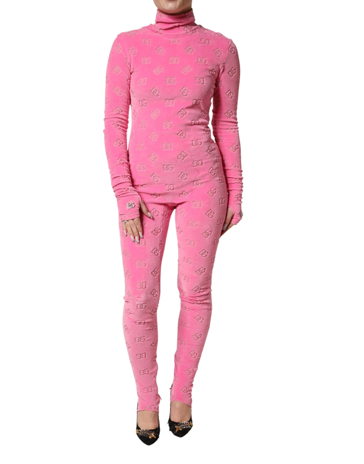 Dolce & Gabbana Pink Logo Monogram Long Sleeve Jumpsuit Dress - IT40|S