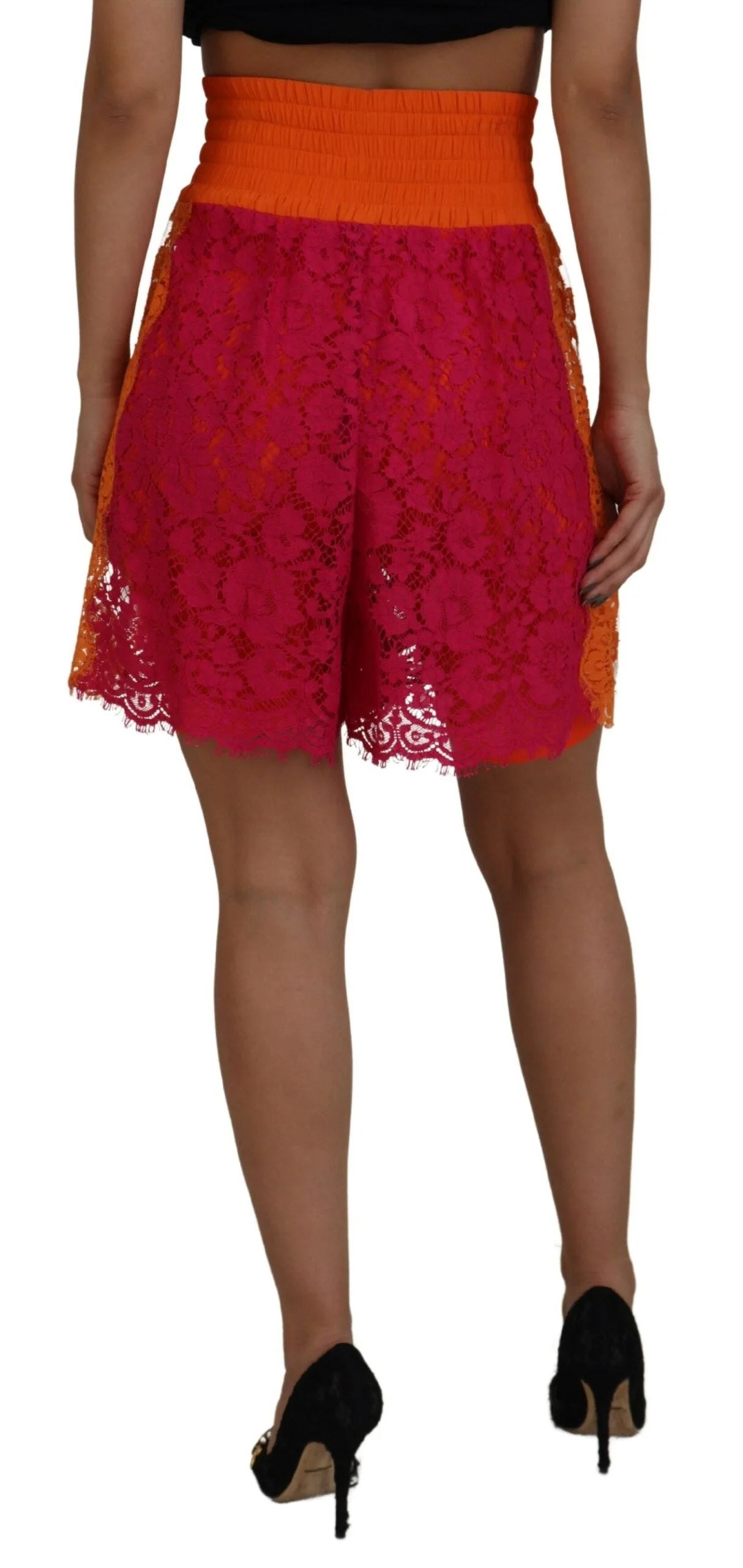 Dolce & Gabbana Pink Orange Lace Cotton High Waist Shorts - IT40|S - Short Trousers