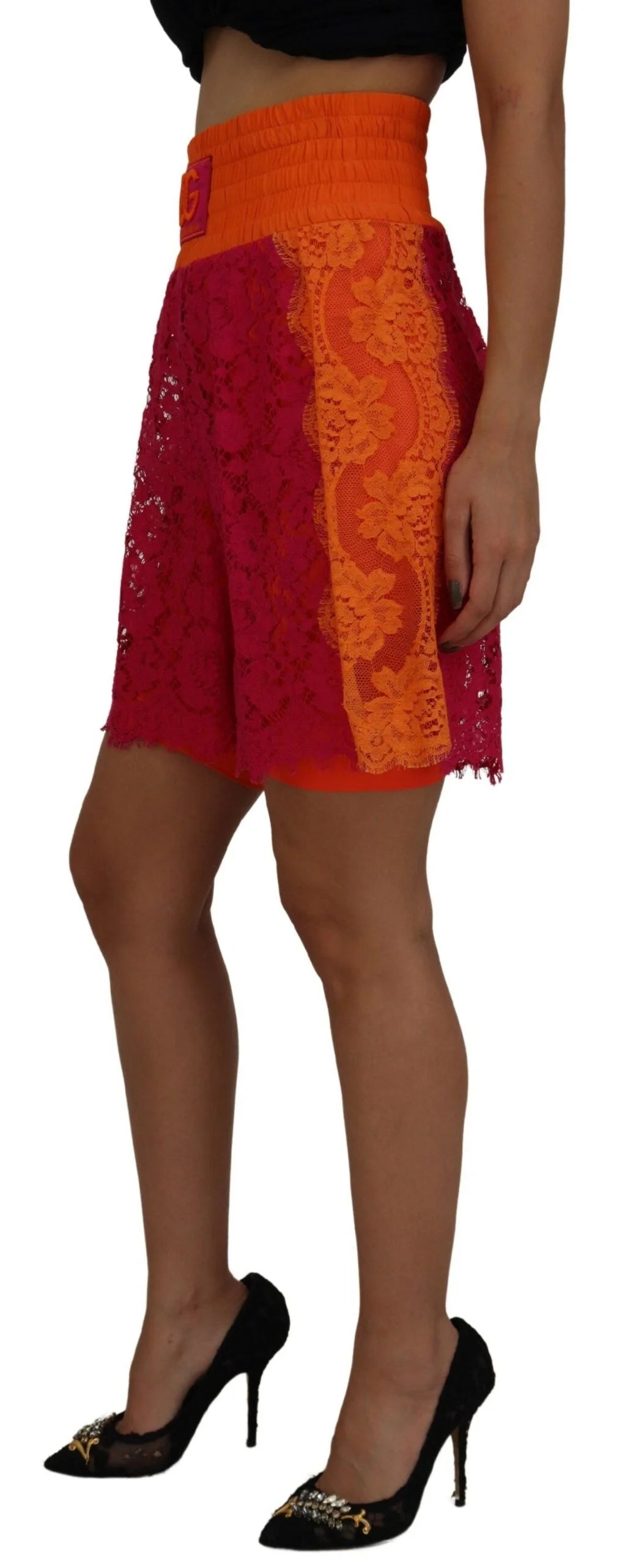 Dolce & Gabbana Pink Orange Lace Cotton High Waist Shorts - IT40|S - Short Trousers