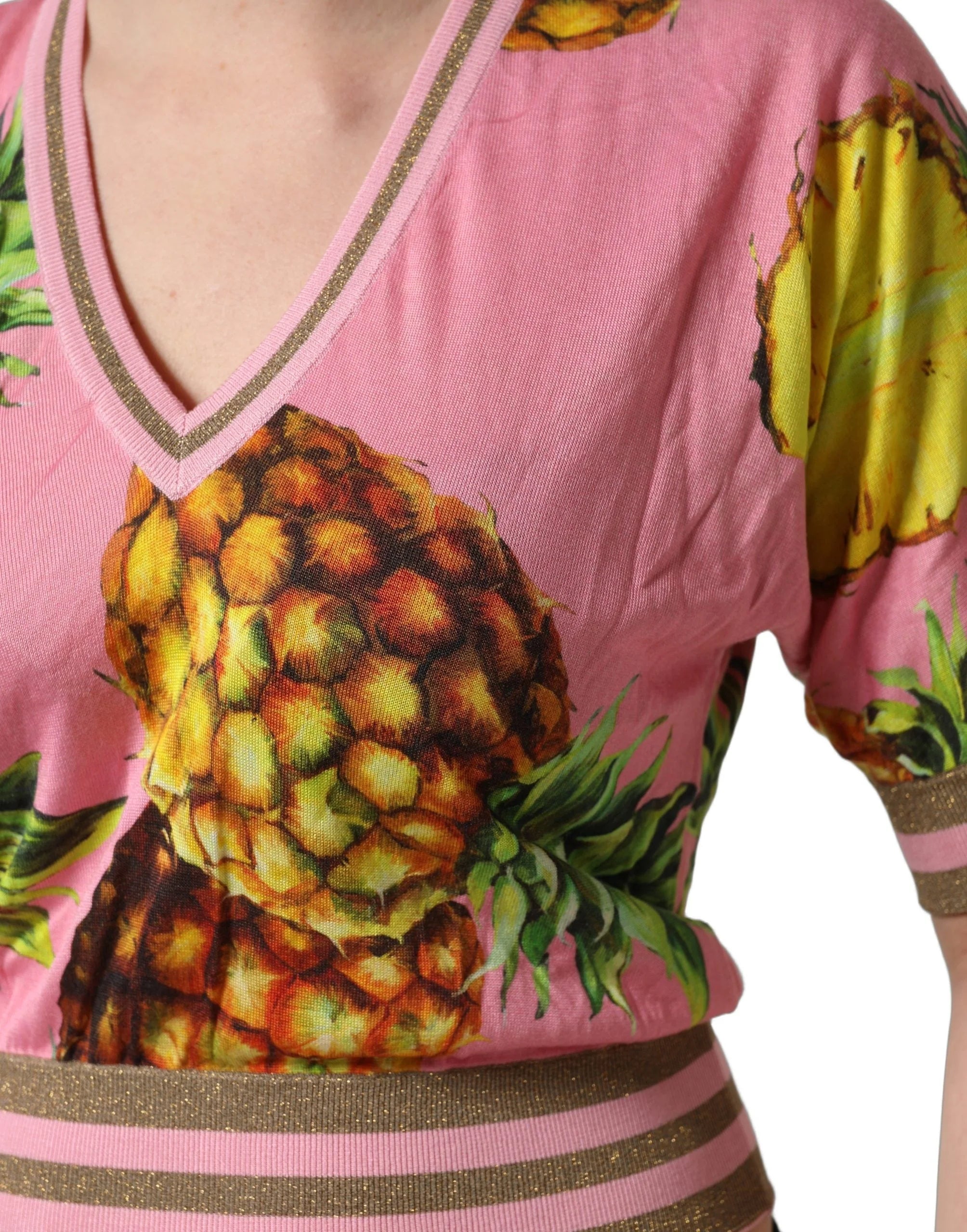 Dolce & Gabbana Pink Pineapple Vneck Short Sleeve Cropped Top - IT38 | XS