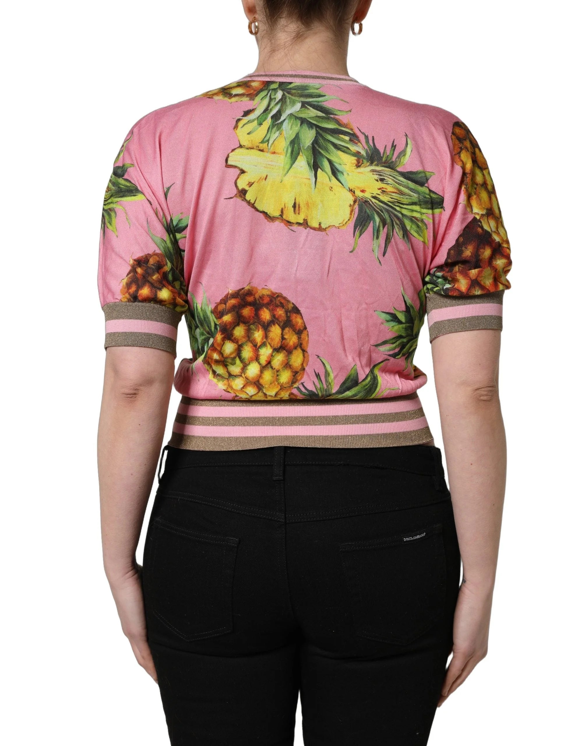 Dolce & Gabbana Pink Pineapple Vneck Short Sleeve Cropped Top - IT38 | XS