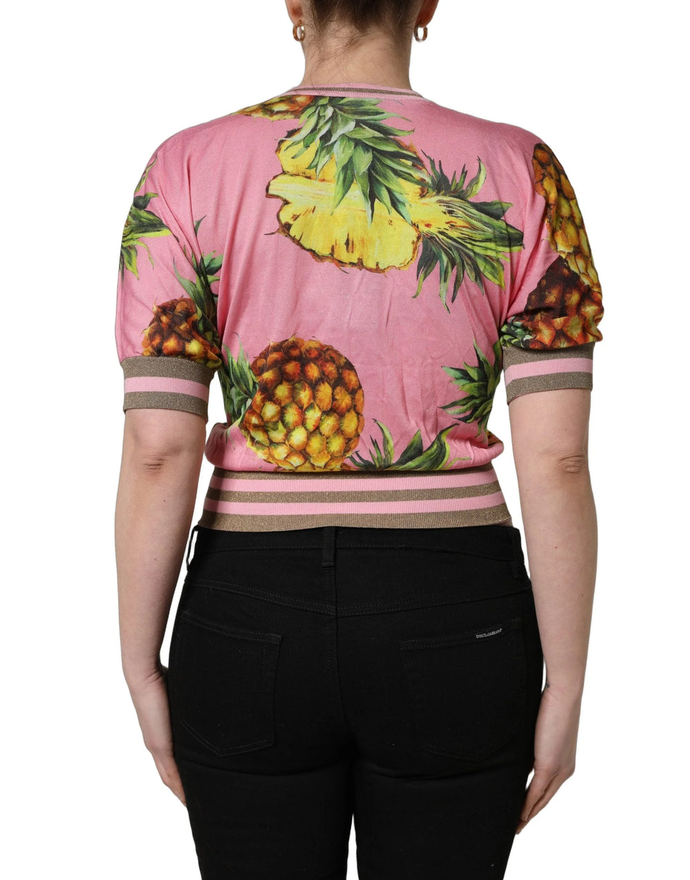 Dolce & Gabbana Pink Pineapple Vneck Short Sleeve Cropped Top - IT38 | XS