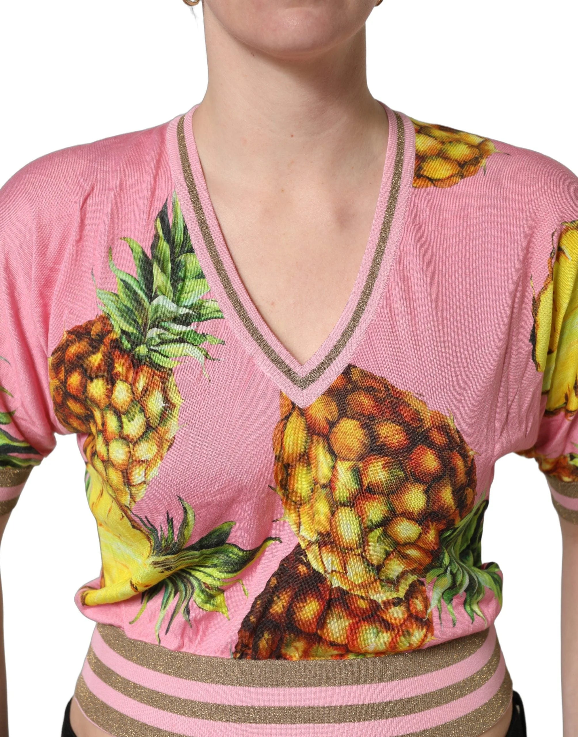 Dolce & Gabbana Pink Pineapple Vneck Short Sleeve Cropped Top - IT38 | XS
