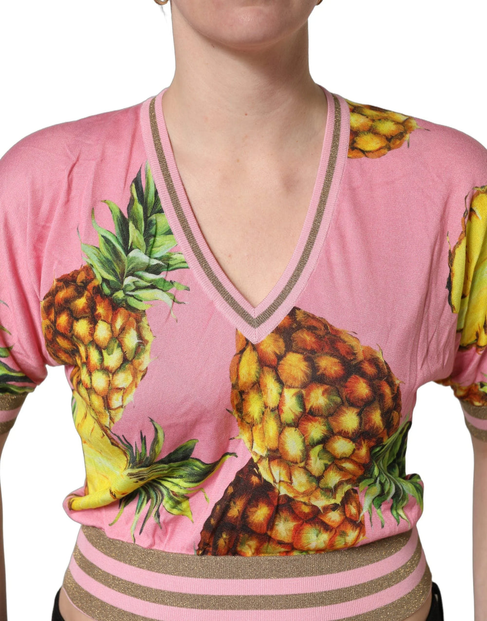 Dolce & Gabbana Pink Pineapple Vneck Short Sleeve Cropped Top - IT38 | XS