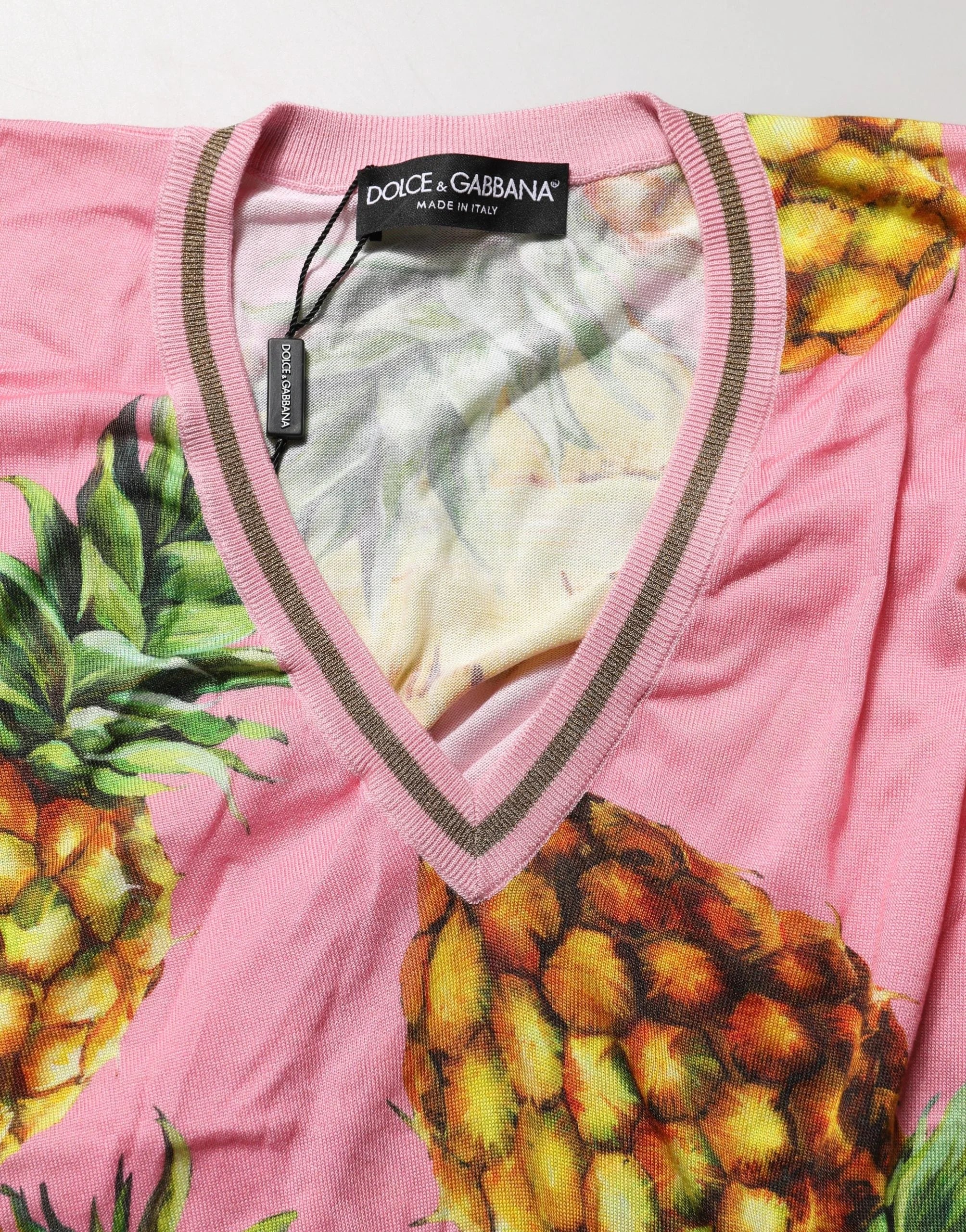 Dolce & Gabbana Pink Pineapple Vneck Short Sleeve Cropped Top - IT38 | XS