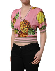 Dolce & Gabbana Pink Pineapple Vneck Short Sleeve Cropped Top - IT38 | XS