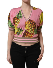 Dolce & Gabbana Pink Pineapple Vneck Short Sleeve Cropped Top - IT38 | XS
