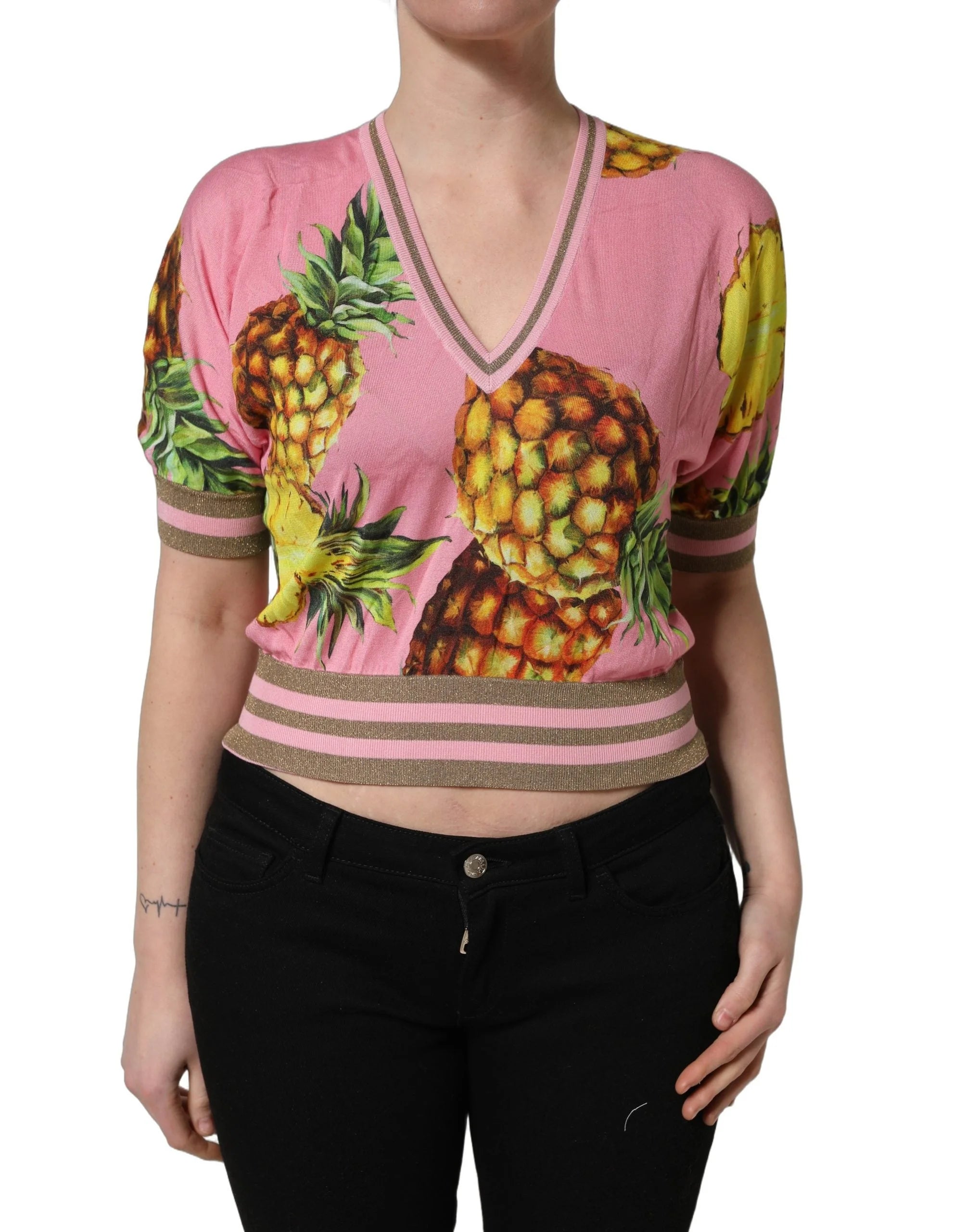 Dolce & Gabbana Pink Pineapple Vneck Short Sleeve Cropped Top - IT38 | XS