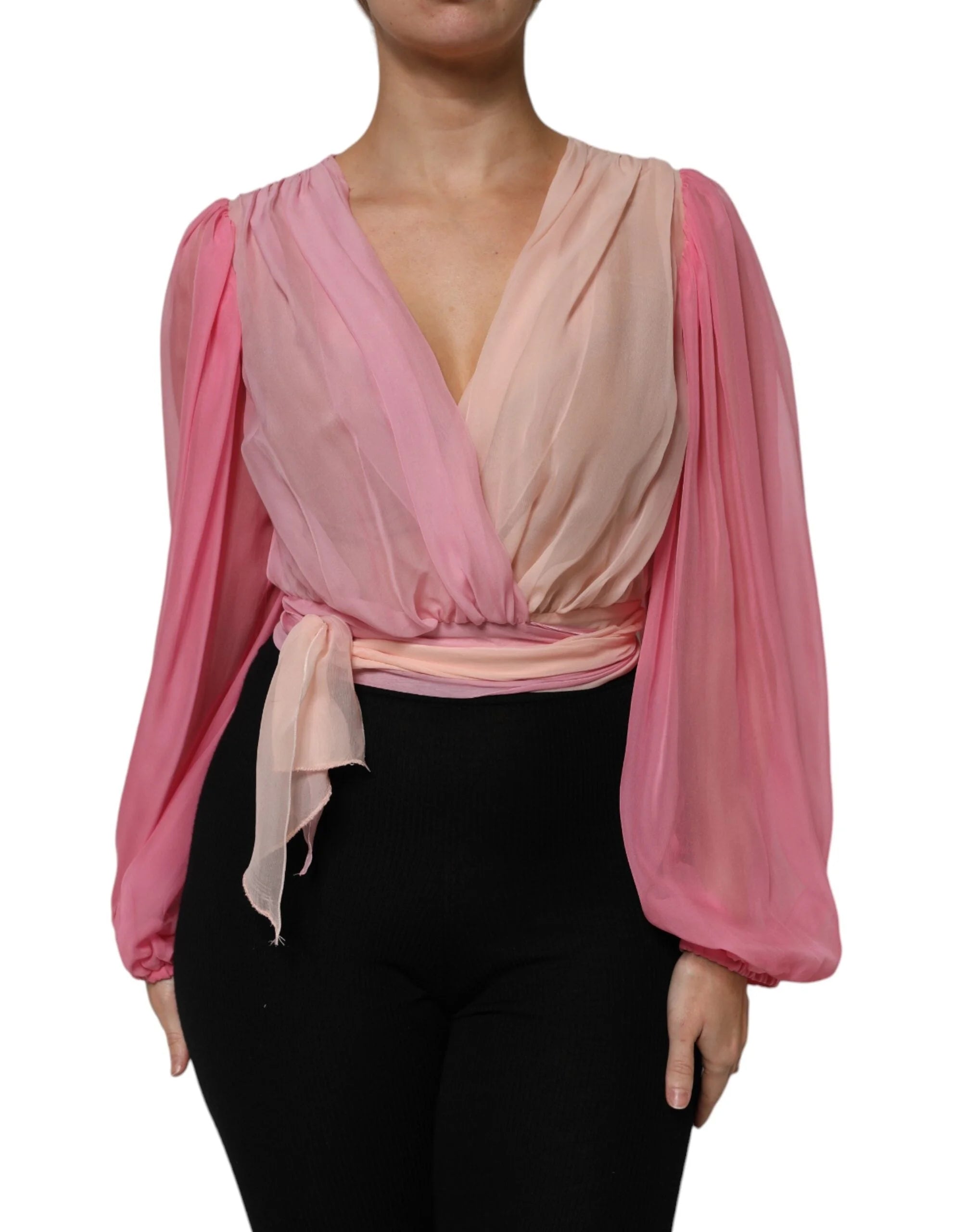Dolce & Gabbana Pink Plunging V-neck Long Sleeves Blouse Top - IT40|S