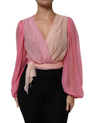 Dolce & Gabbana Pink Plunging V-neck Long Sleeves Blouse Top - IT40|S