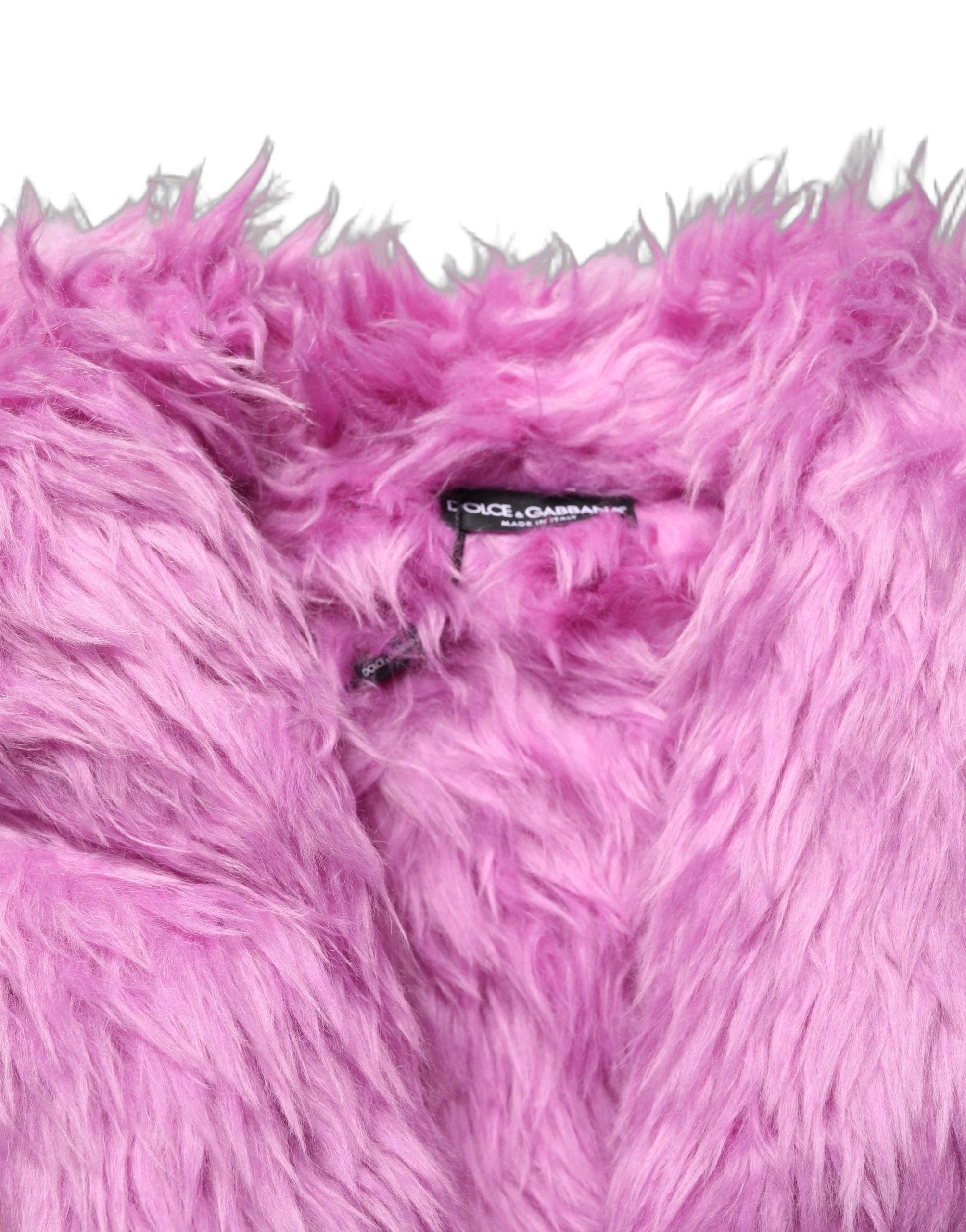 Dolce & Gabbana Pink Plush Faux Fur Gold Leather Coat Jacket - IT40|S
