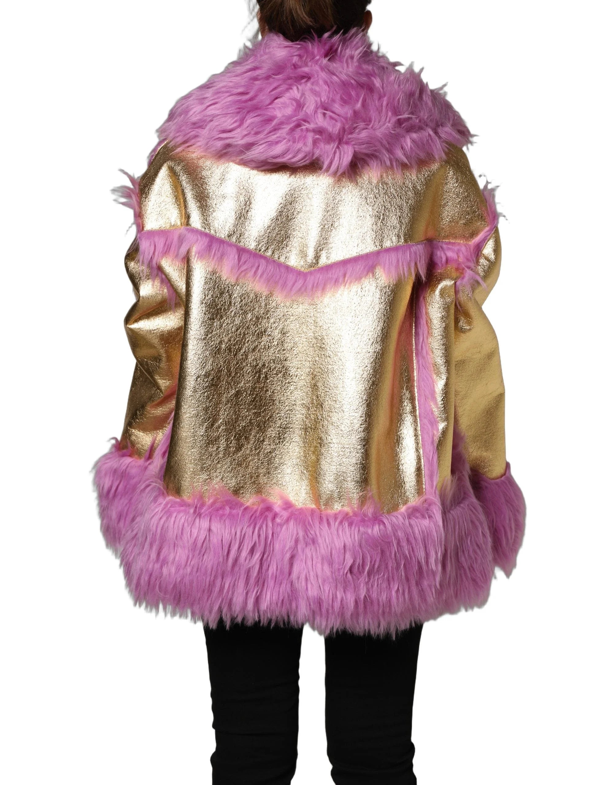 Dolce & Gabbana Pink Plush Faux Fur Gold Leather Coat Jacket - IT40|S