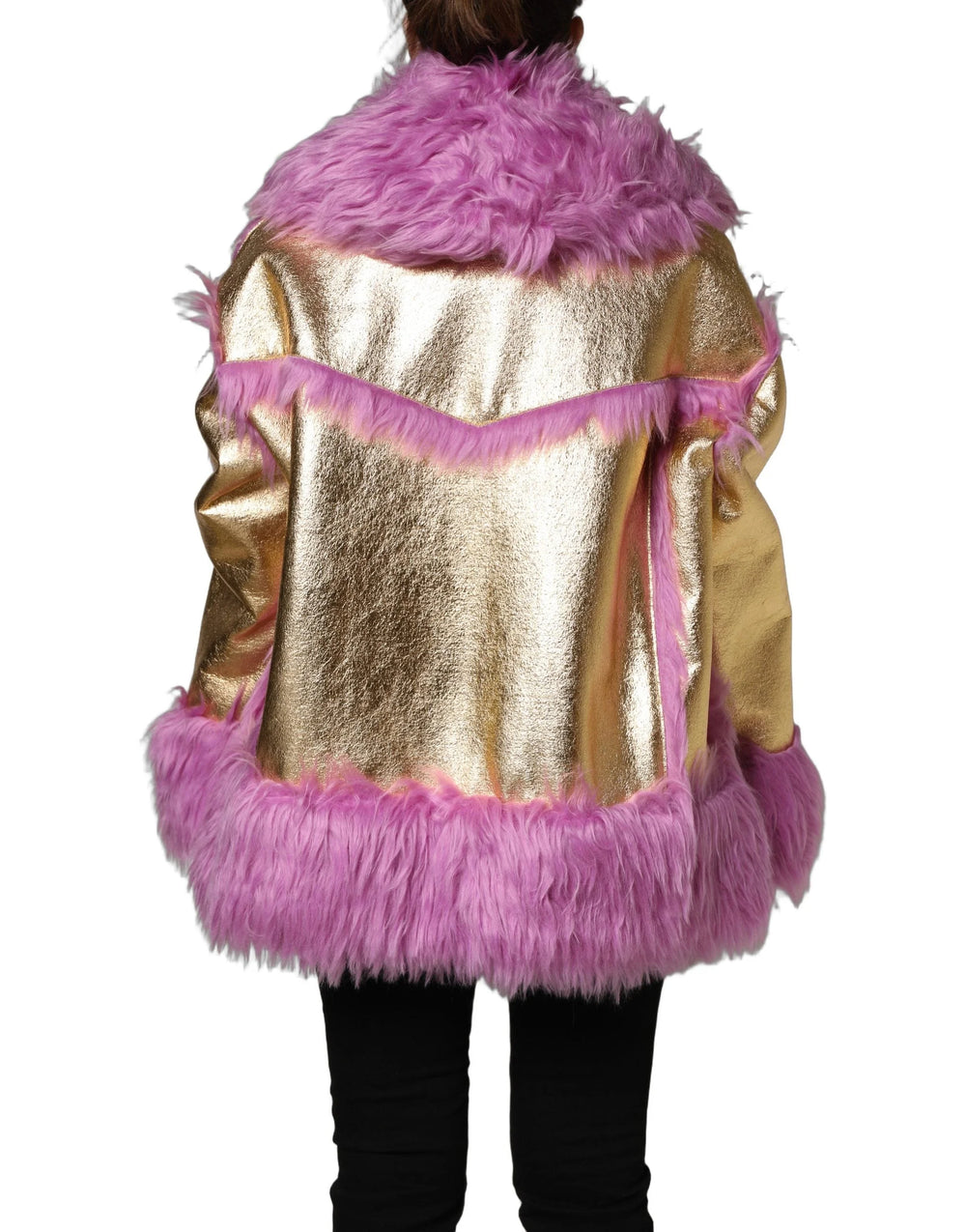Dolce & Gabbana Pink Plush Faux Fur Gold Leather Coat Jacket - IT40|S