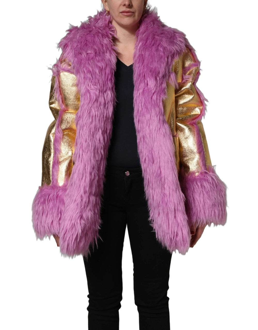 Dolce & Gabbana Pink Plush Faux Fur Gold Leather Coat Jacket - IT40|S