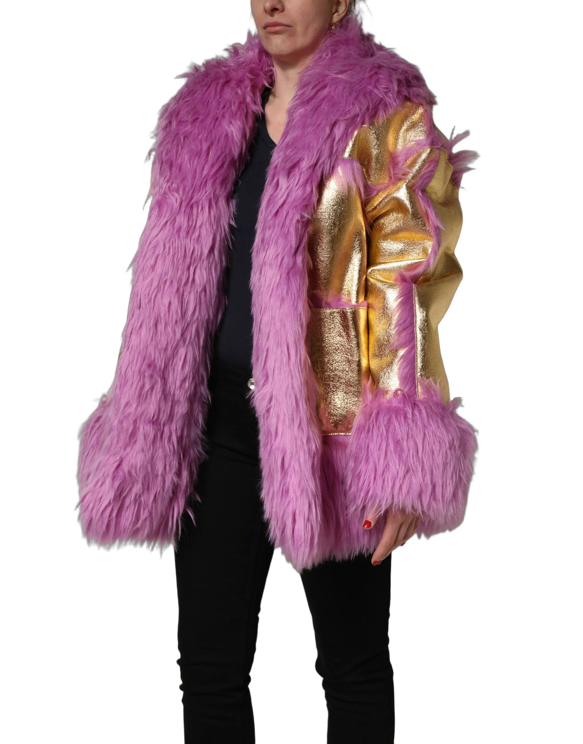Dolce & Gabbana Pink Plush Faux Fur Gold Leather Coat Jacket - IT40|S