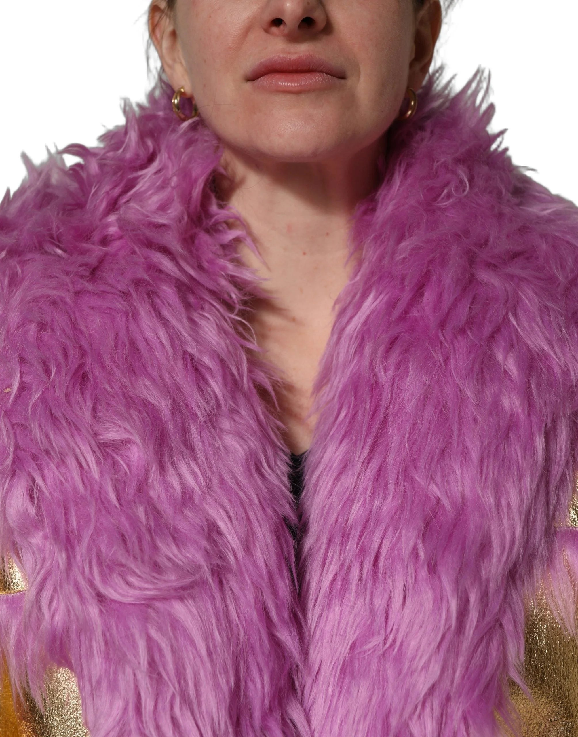 Dolce & Gabbana Pink Plush Faux Fur Gold Leather Coat Jacket - IT40|S