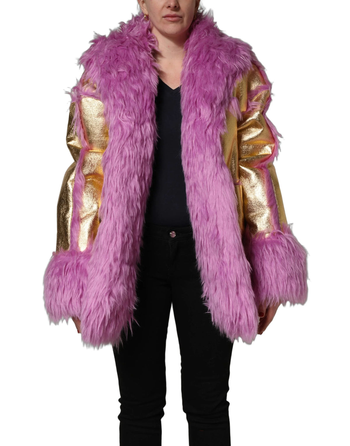 Dolce & Gabbana Pink Plush Faux Fur Gold Leather Coat Jacket - IT40|S