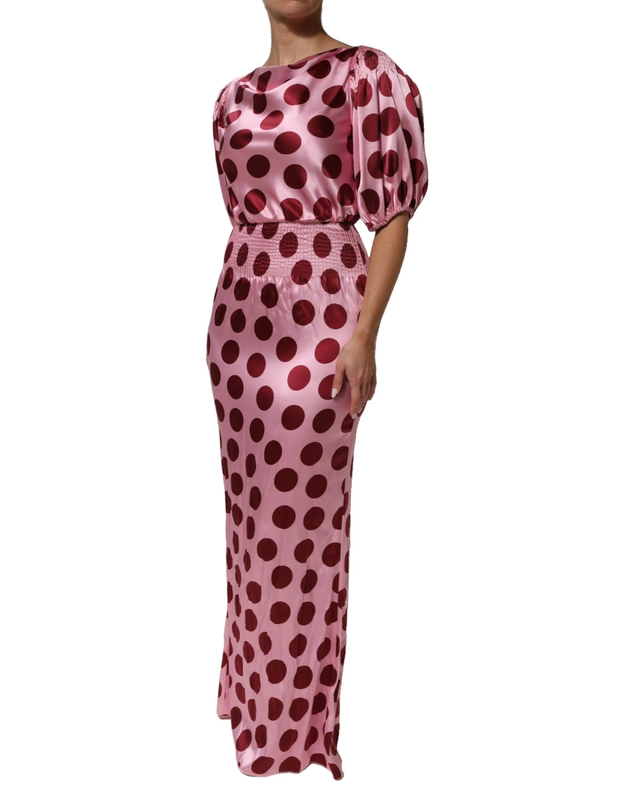 Dolce & Gabbana Pink Red Polka Dot Silk Satin Maxi Gown Dress - IT40|S - Dresses