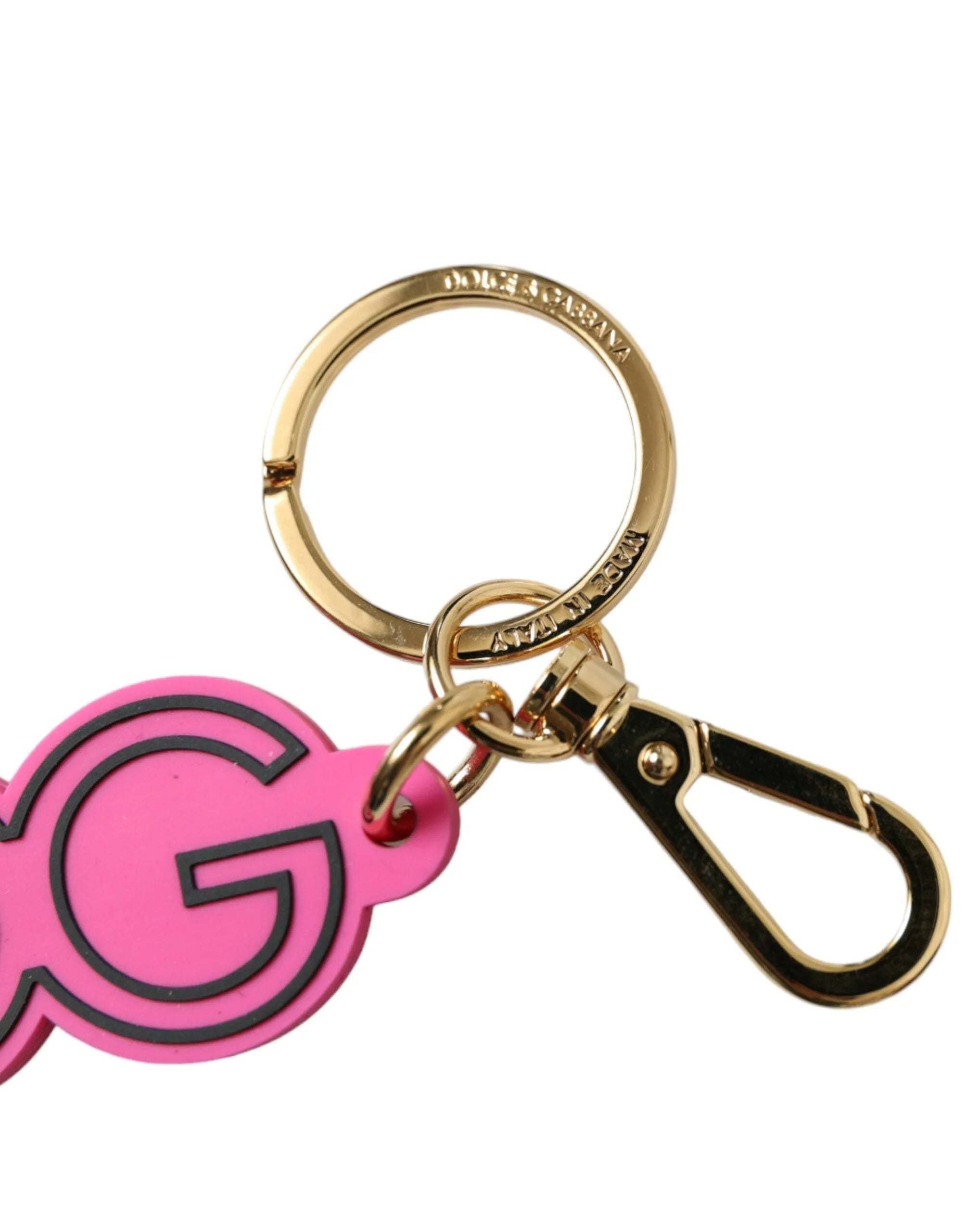 Dolce & Gabbana Pink Rubber Gold Tone Metal DG Logo Keyring Keychain - Keychains