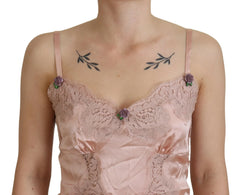 Dolce & Gabbana Pink Satin Lace Roses Tank Top Lingerie - Camisoles