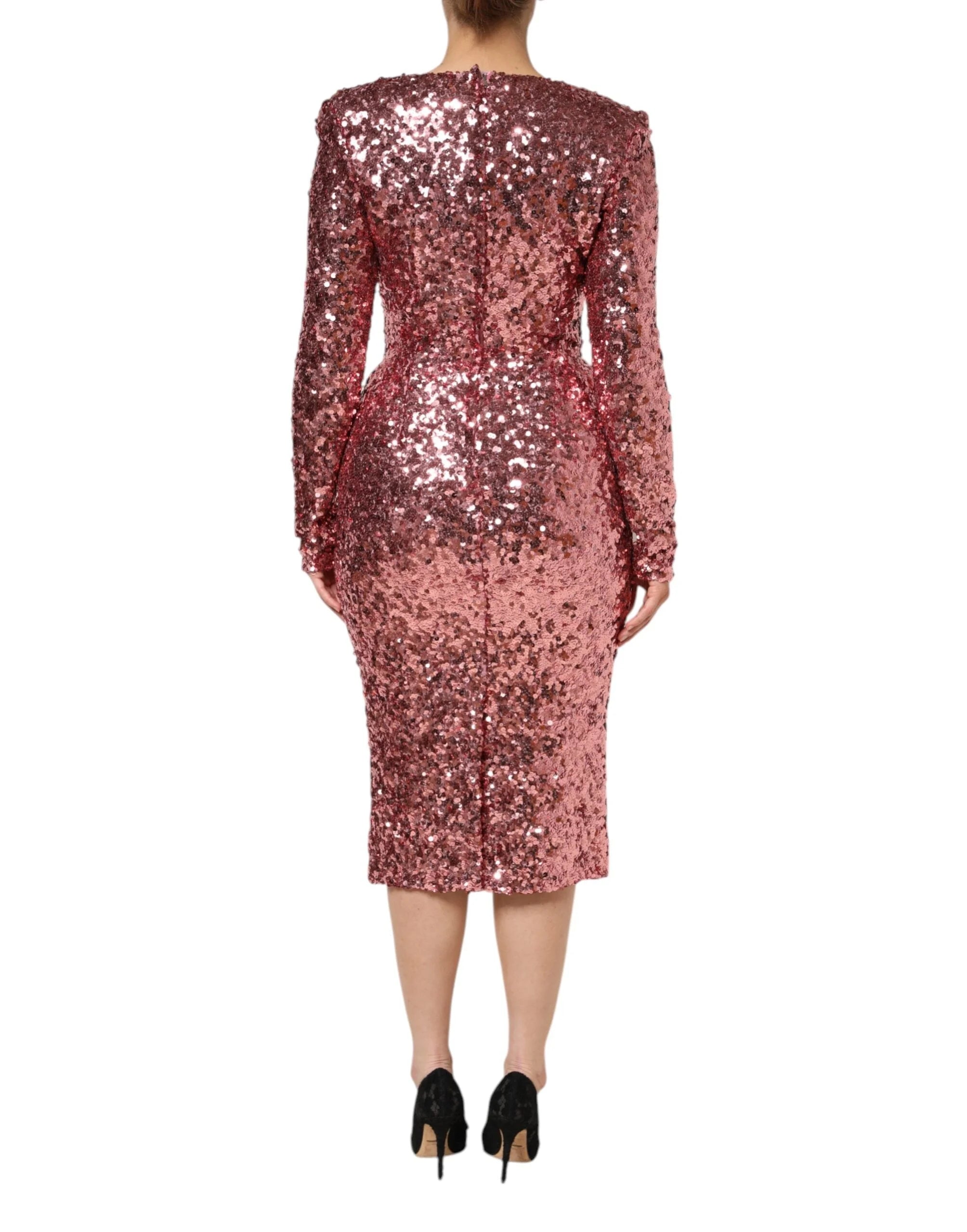 Dolce & Gabbana Pink Sequin Statement Nylon Midi V-Neck Dress - IT40|S - Dresses