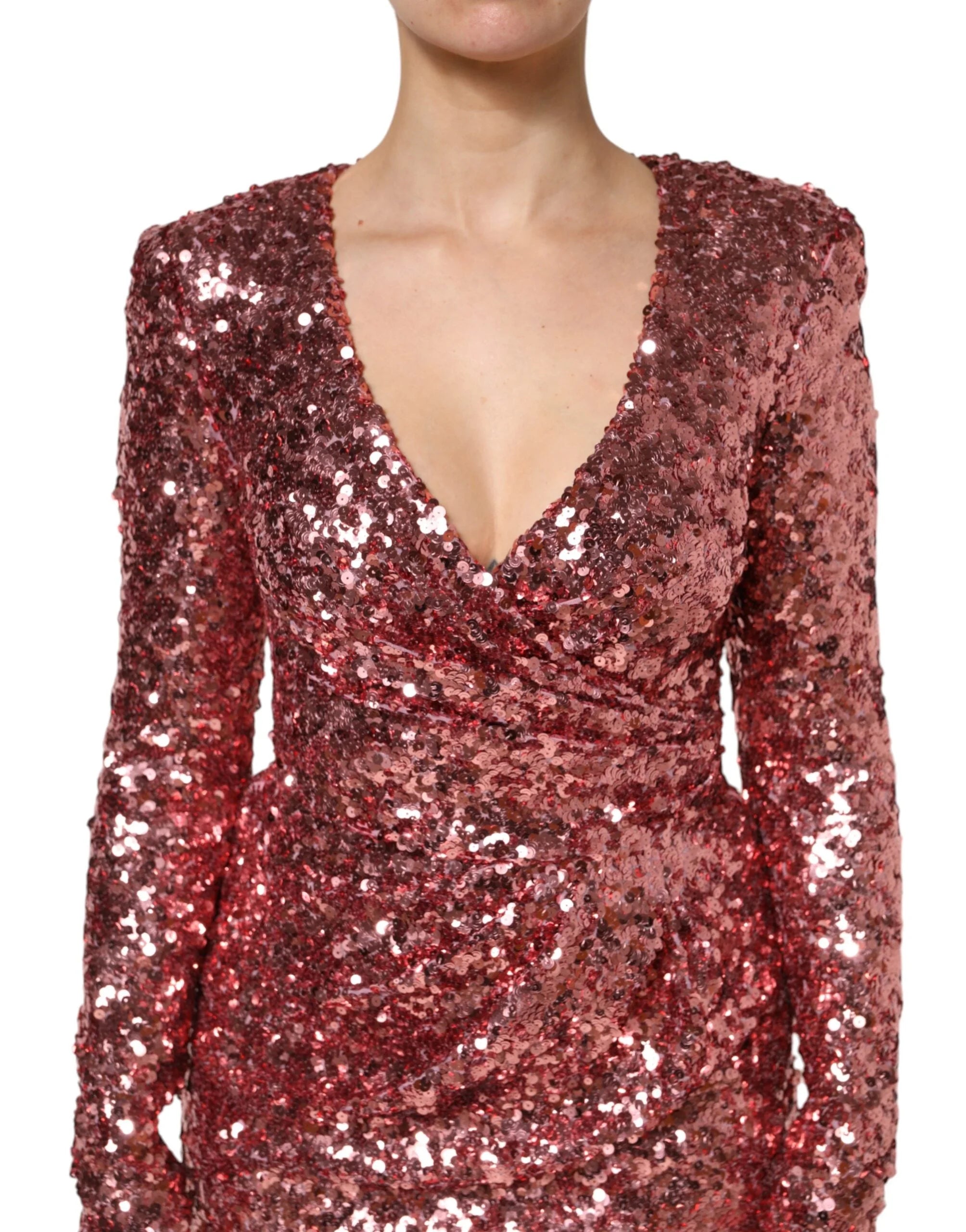 Dolce & Gabbana Pink Sequin Statement Nylon Midi V-Neck Dress - IT40|S - Dresses