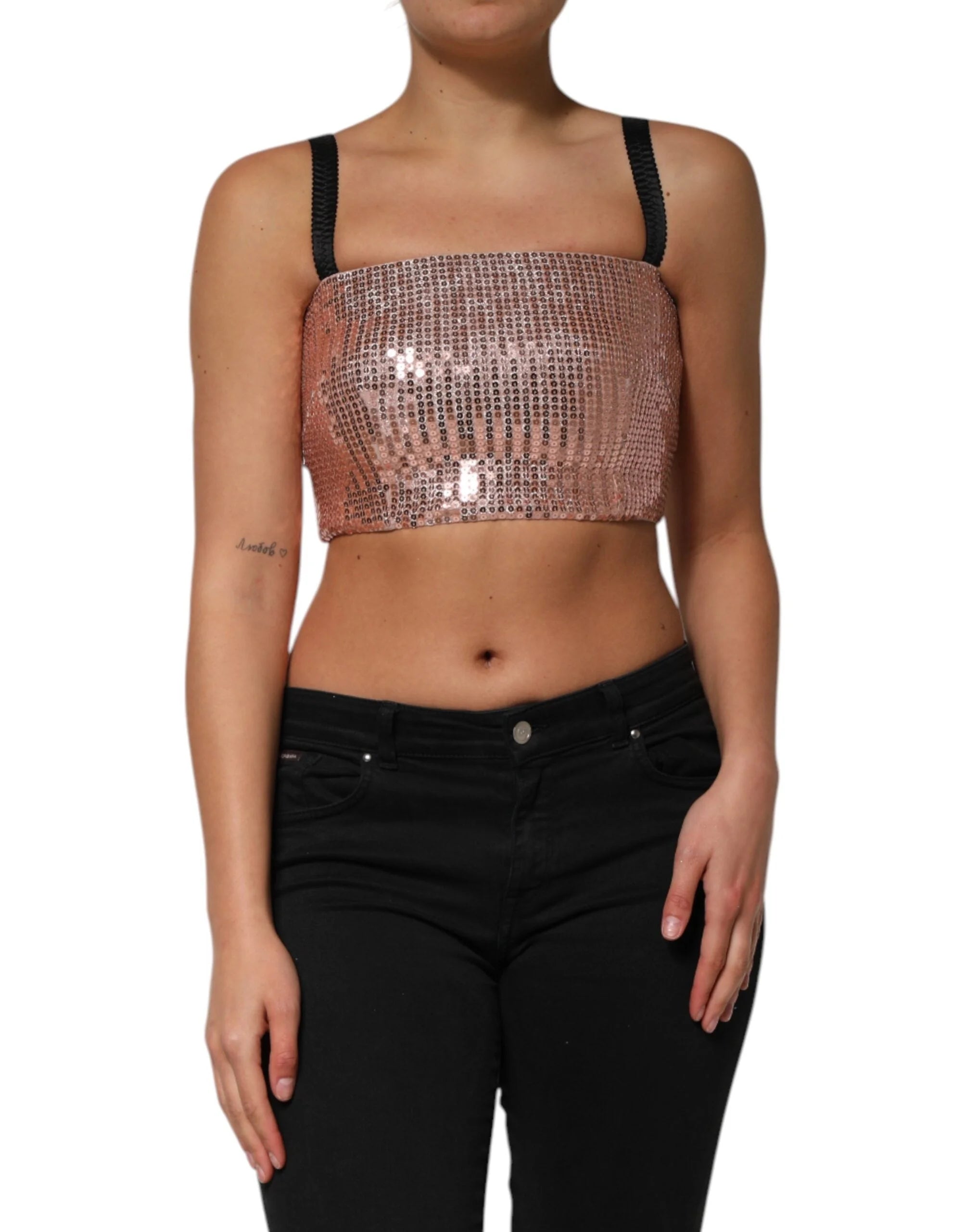 Dolce & Gabbana Pink Sequined Nylon Sleeveless Cropped Top - IT40|S - Tank Tops