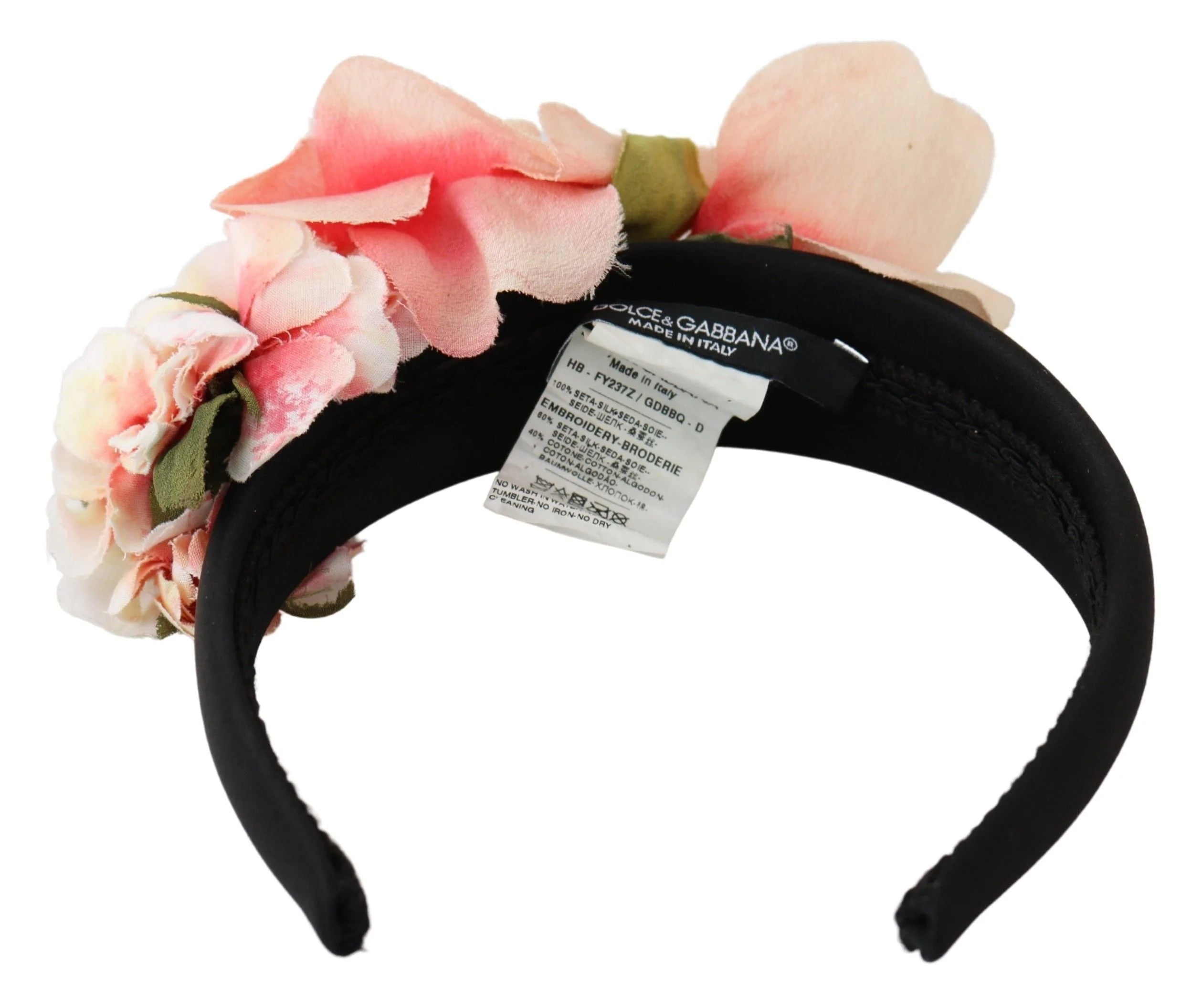 Dolce & Gabbana Pink Silk Black Floral Headband Logo Diadem - Headbands