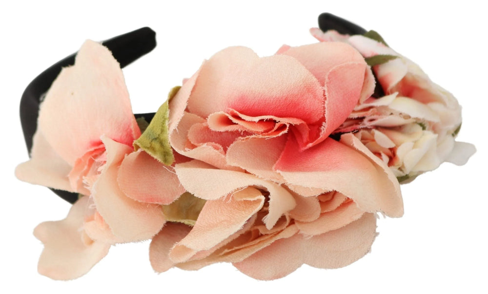 Dolce & Gabbana Pink Silk Black Floral Headband Logo Diadem - Headbands