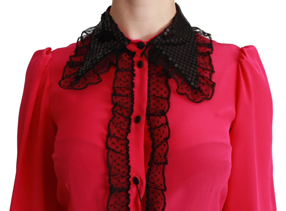 Dolce & Gabbana Pink Silk Black Sequin Lace Shirt Blouse - IT40|S - Blouses