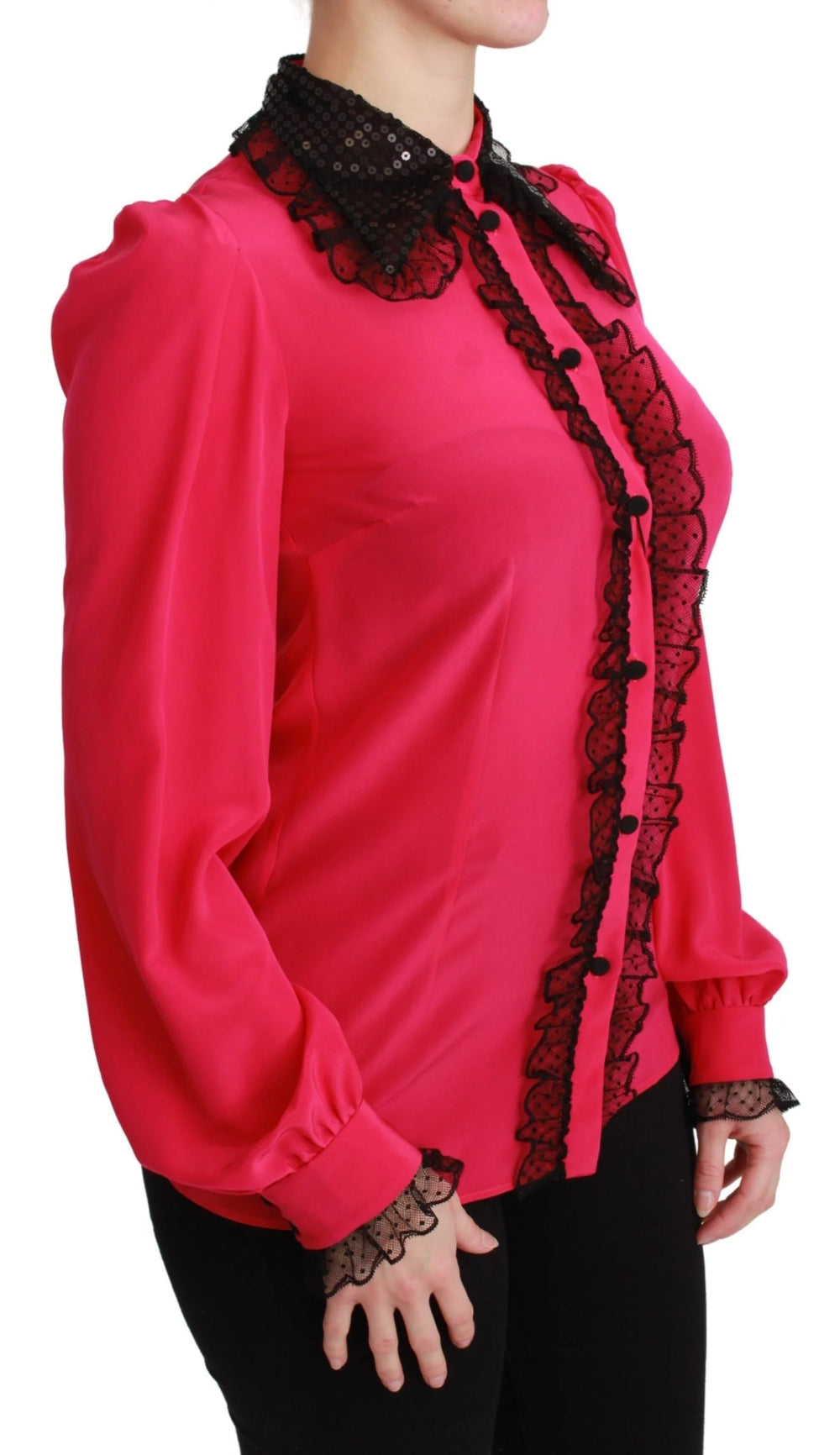 Dolce & Gabbana Pink Silk Black Sequin Lace Shirt Blouse - IT40|S - Blouses