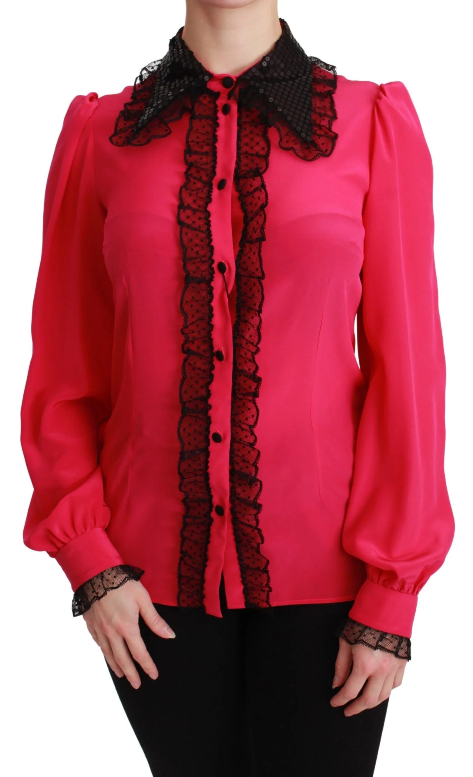 Dolce & Gabbana Pink Silk Black Sequin Lace Shirt Blouse - IT40|S - Blouses