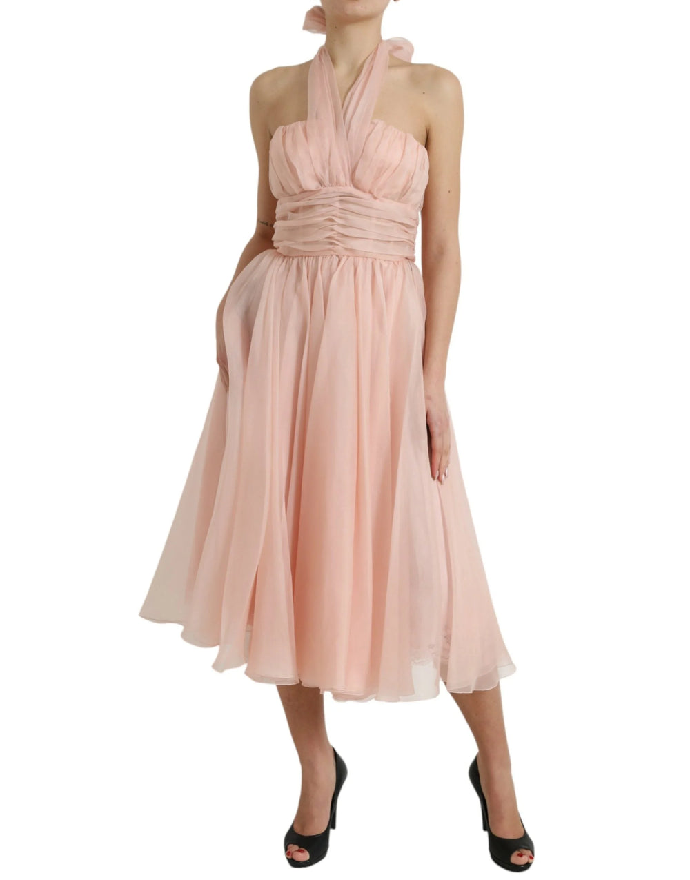 Dolce & Gabbana Pink Silk Chiffon Halter A-line Pleated Midi Dress - Dresses