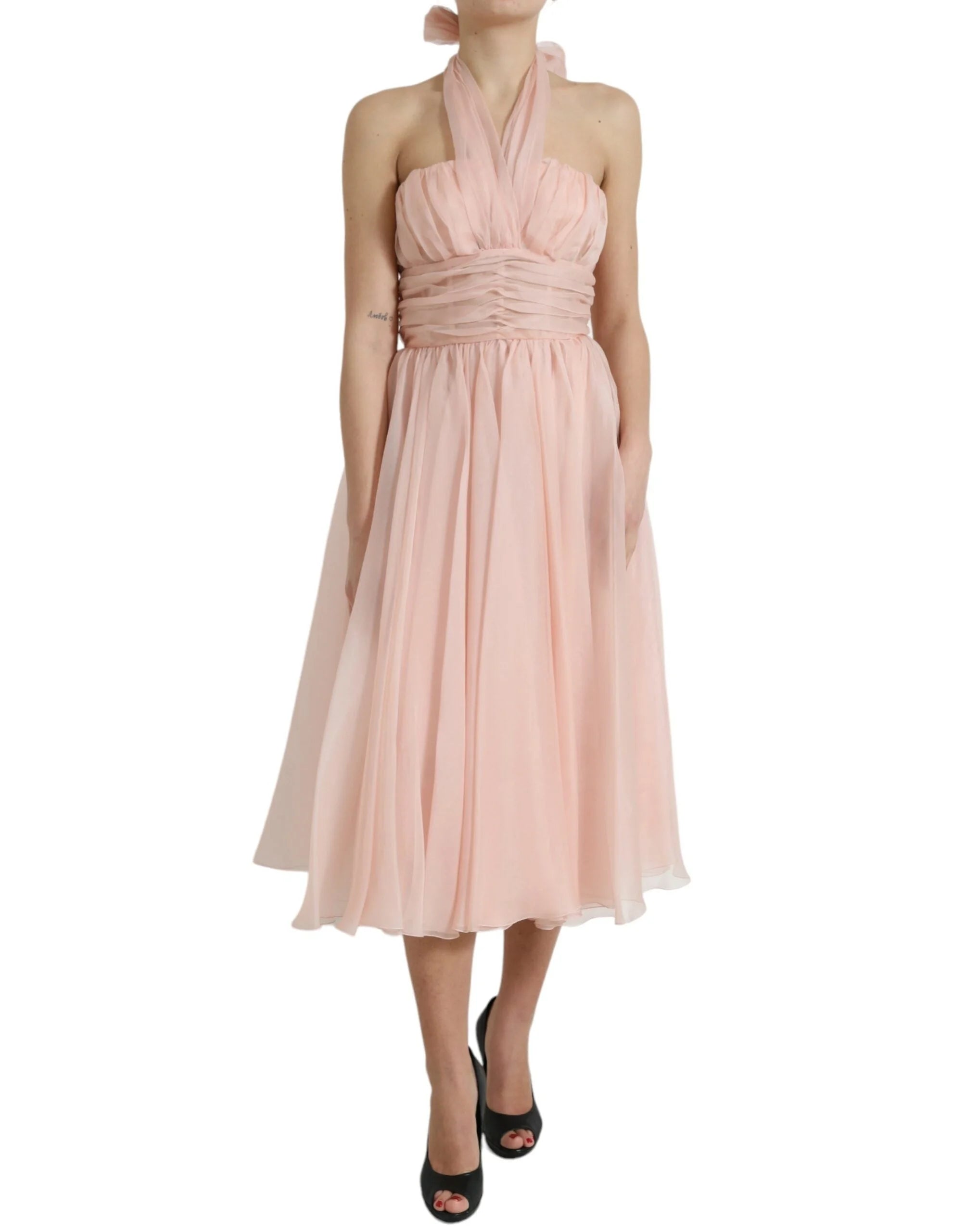 Dolce & Gabbana Pink Silk Chiffon Halter A-line Pleated Midi Dress - Dresses