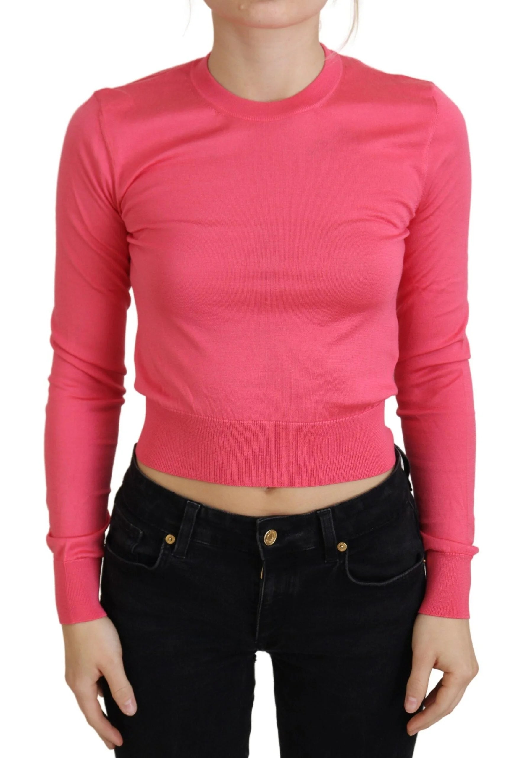Dolce & Gabbana Pink Silk Cropped Crewneck Pullover Sweater - IT36|XXS - Sweaters