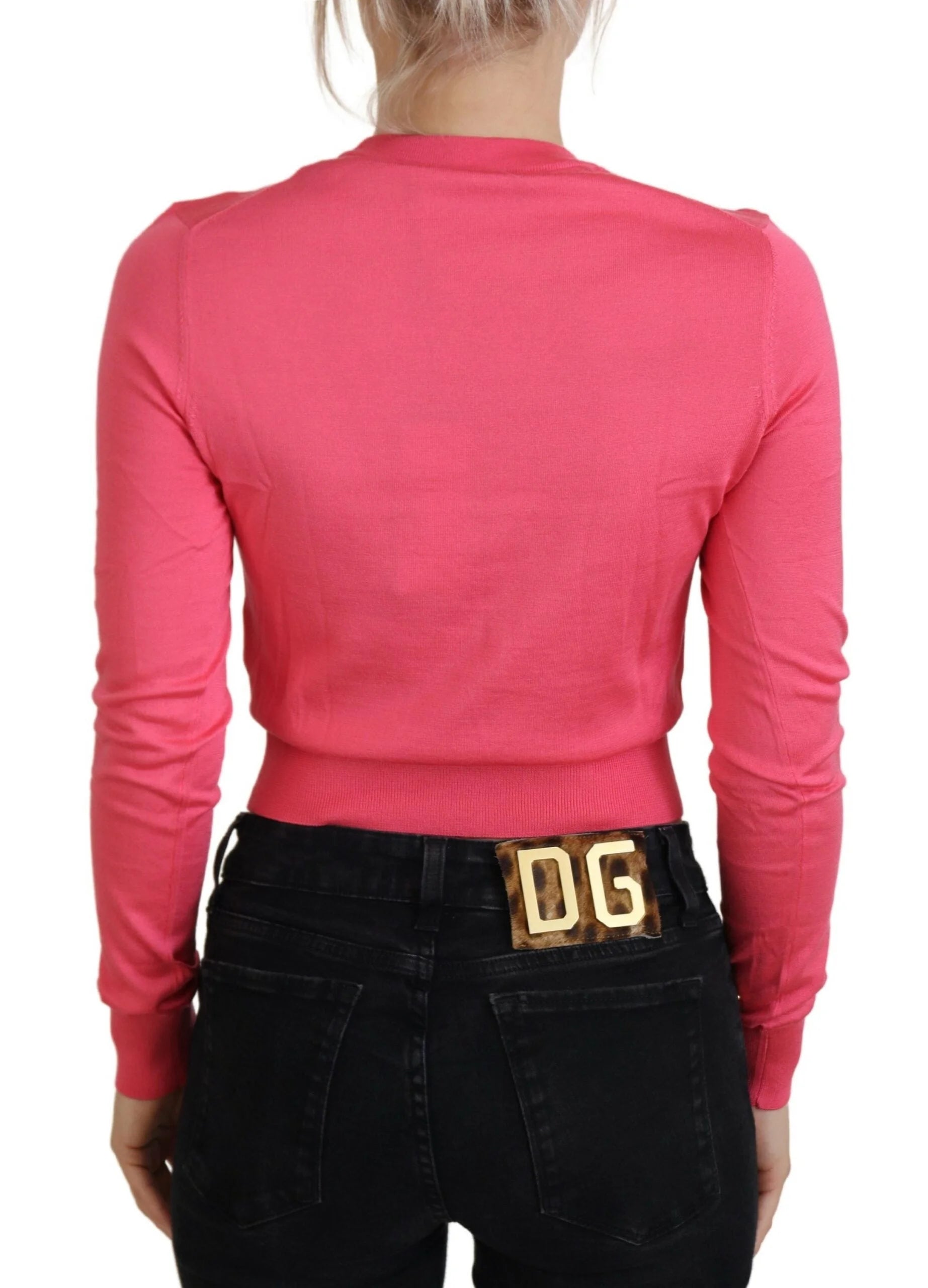 Dolce & Gabbana Pink Silk Cropped Crewneck Pullover Sweater - IT36|XXS - Sweaters