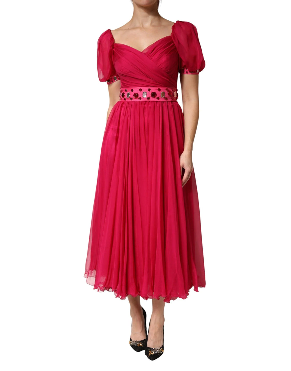 Dolce & Gabbana Pink Silk Embellished A-line Midi Dress - IT40|S - Dresses