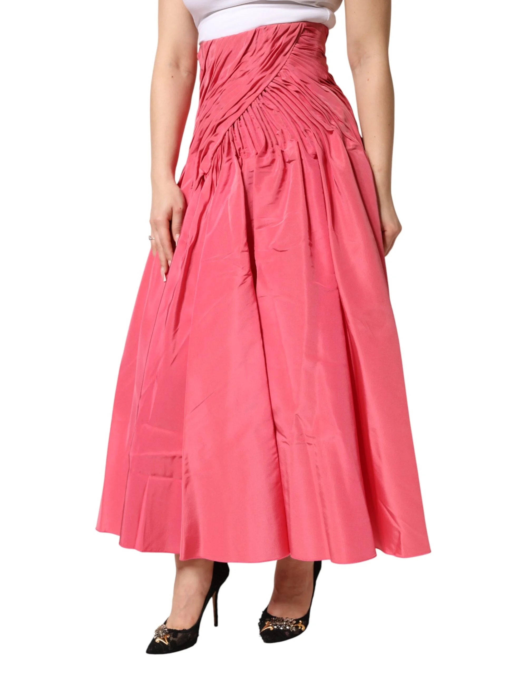 Dolce & Gabbana Pink Silk Pleated High Waist Midi Skirt - IT40|S