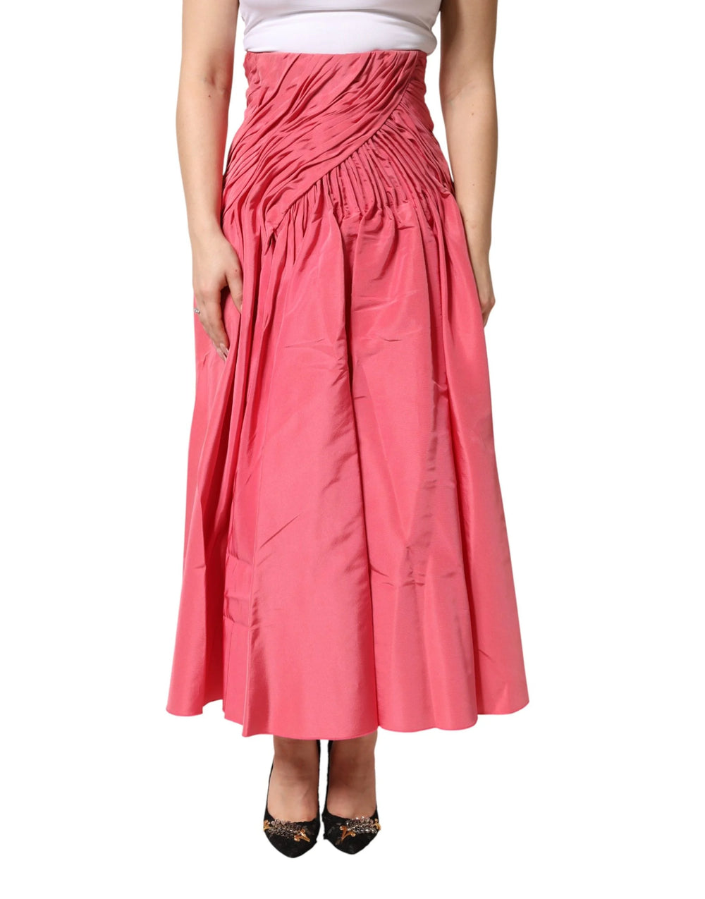 Dolce & Gabbana Pink Silk Pleated High Waist Midi Skirt - IT40|S