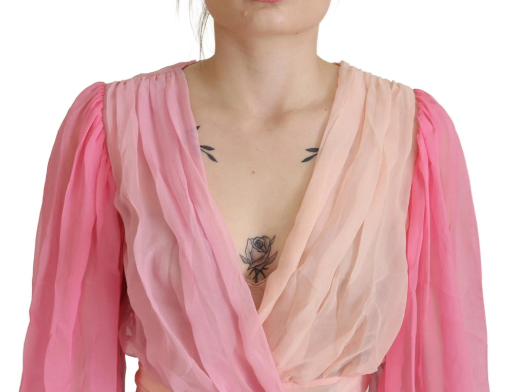 Dolce & Gabbana Pink Silk Wrap Long Sleeves Blouse Top - IT38|XS - Blouses