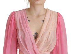 Dolce & Gabbana Pink Silk Wrap Long Sleeves Blouse Top - IT38|XS - Blouses