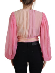 Dolce & Gabbana Pink Silk Wrap Long Sleeves Blouse Top - IT38|XS - Blouses