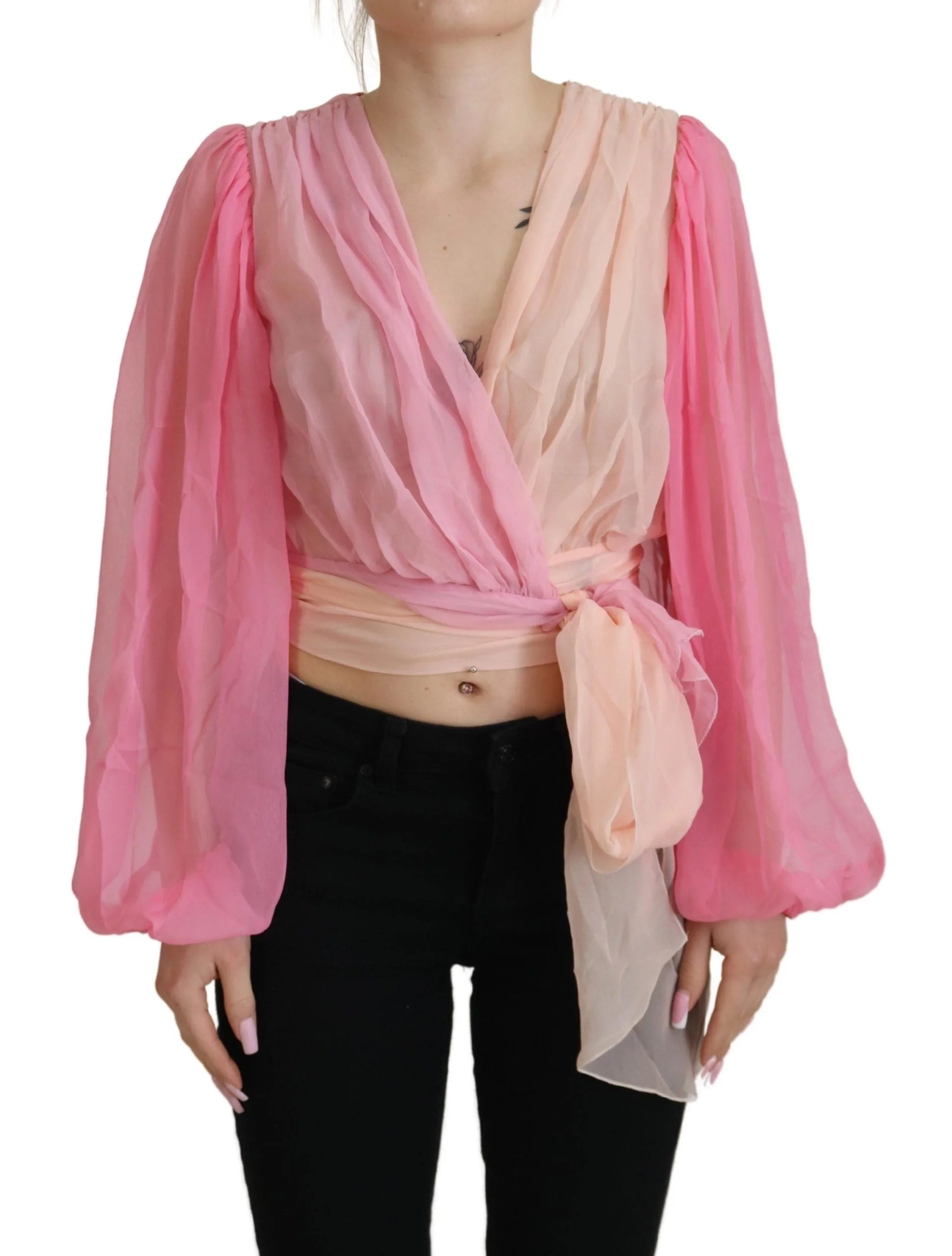 Dolce & Gabbana Pink Silk Wrap Long Sleeves Blouse Top - IT38|XS - Blouses
