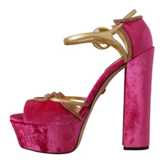 Dolce & Gabbana Pink Velvet Crystal Ankle Strap Sandals Shoes - EU39.5/US9 - Sandals