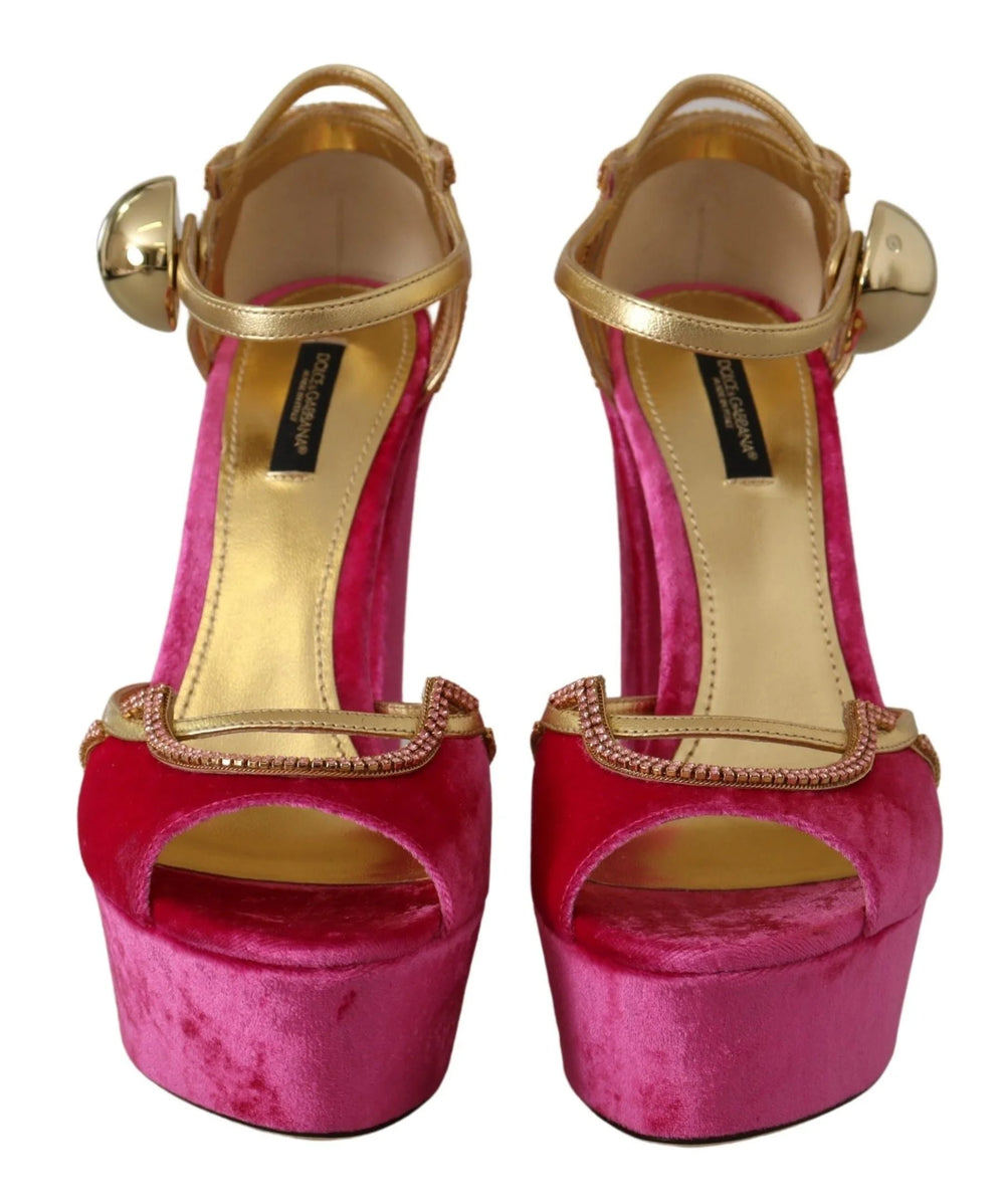Dolce & Gabbana Pink Velvet Crystal Ankle Strap Sandals Shoes - EU39.5/US9 - Sandals